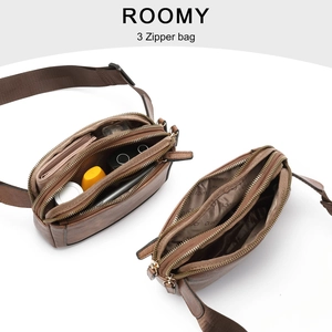 Detail view of brown faux leather waist bag showing 3 zipper compartments and large capacity