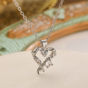 18K gold plated hollow heart pendant necklace with clear zircon for women