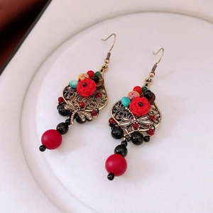 Vintage Ethnic Dragonfly Dangle Earrings Resin Flower Beaded Alloy Coconut Shell And 925 Sterling Silver Earring Post