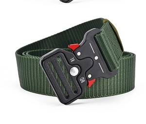 Close-up of military green tactical belt with black 12KN 24KN quick release cobra buckle
