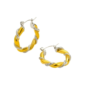Chic two-tone twisted C-shape hoop earrings in gold and silver stainless steel finish