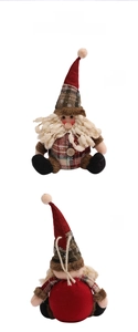 Detail of Christmas gnome plush doll with red plaid hat and white beard, front and back views