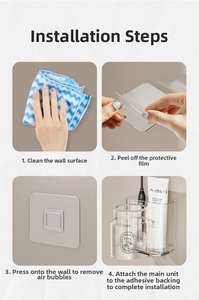 Detailed four-step installation guide for wall-mounted toothbrush and cup holder