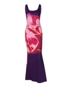 Detail of the purple and pink gradient floral print on a slim fit long maxi dress