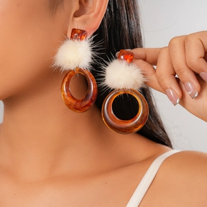 Vintage Round Hollow Resin Earrings With White Plush Ball And 925 Sterling Silver Earring Post Retro Geometric For Women