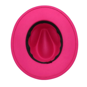 Interior detail of rose pink fedora hat showing M size label and black sweatband
