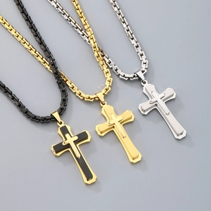 Triple layer titanium steel cross necklace in black-gold, gold, and silver finishes