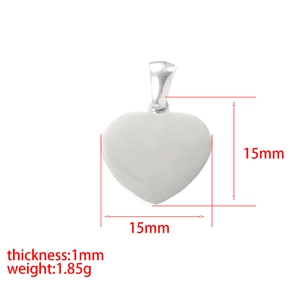 Detailed view of 15x15mm mirror stainless steel heart pendant with dimension markings