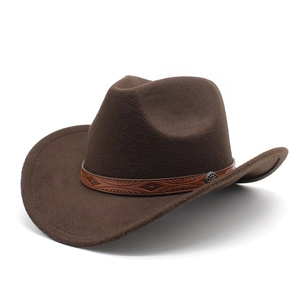 Classic dark brown wool felt western cowboy hat with embossed leather band and metal flower