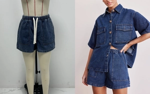 Detail of dark blue denim set showing waist drawstring and washed fabric texture
