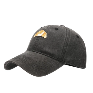 Vintage dark grey washed cotton baseball cap with croissant embroidery for outdoor sun protection