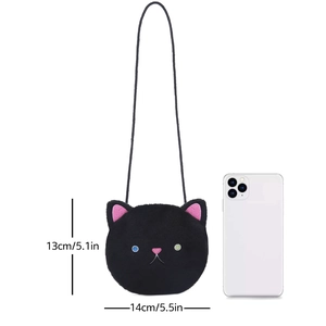 Cute black cat plush crossbody bag for children with size guide 14x13cm on white background