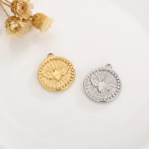 Round Bee Coin Charms Stainless Steel Embossed Sunburst Medallion Pendants For DIY Jewelry Making Necklace Bracelet Finding