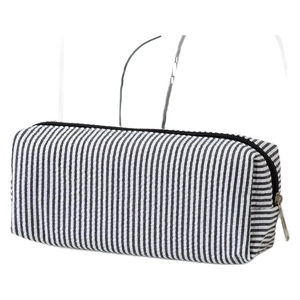 Large capacity seersucker pencil case with black and white stripes and metal zipper