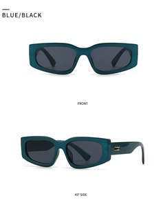 Front and side view of retro rectangle sunglasses with thick green frames and gold detail