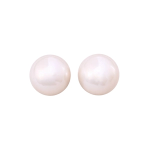 Minimalist French style round pearl stud earrings with silver needles on white background