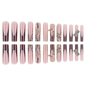 Faux ongles ballerine longs avec imprimé léopard, paillettes et charms 3D dorés