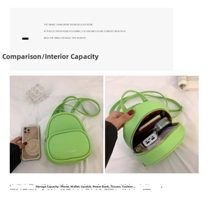 Detail view of mini neon green PU leather backpack showing interior capacity and dual zippers