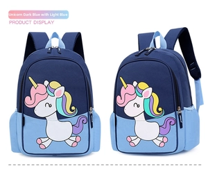 Detail view of deep blue unicorn backpack featuring side pockets and dual zipper closures