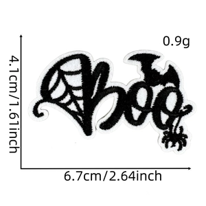 Detailed view of Boo embroidery patch with spider web design and size measurements