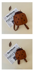 Retro ladybug-shaped brown leather backpack for toddlers with black spots and antenna details