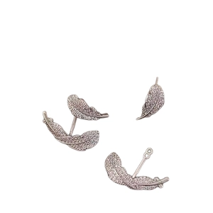 Silver plated leaf feather stud earrings with cubic zirconia stones in elegant design
