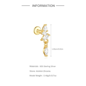 Detailed size specifications of S925 sterling silver ear stud with AAAAA cubic zirconia