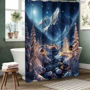 Christmas snow scene landscape shower curtain with winter mountain and cozy cottage print