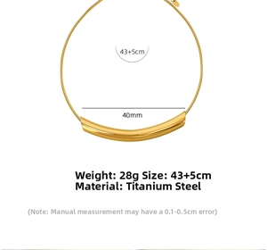 Detailed view of gold plated curved bar titanium necklace showing 43+5cm length and weight
