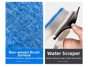 Detail of non-woven scouring pad and rubber squeegee blade for window and tile cleaning
