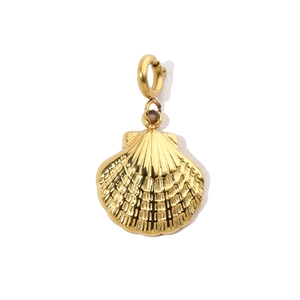 Detailed close-up of golden stainless steel scallop shell pendant on white background
