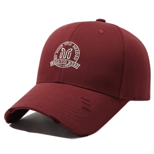 Unisex burgundy cotton baseball cap with white round embroidery and distressed brim details