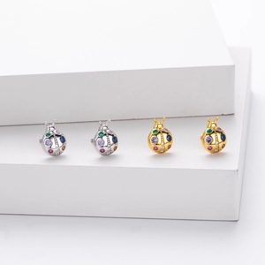 Polished 925 sterling silver ladybug stud earrings with colorful zircon gemstones