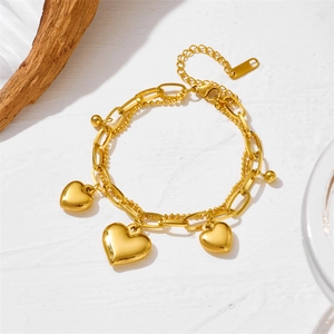 Double-layered golden stainless steel chain bracelet with polished heart charms for women