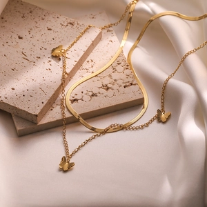 18K gold-plated double-layer necklace featuring a sleek snake chain and butterfly pendants