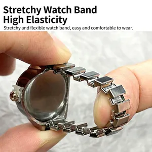 Creative silver watch ring with elastic stretch band showing flexible metal links