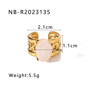 Detail showing dimensions of a 18k gold-plated ring with a pink tiger eye stone inlay