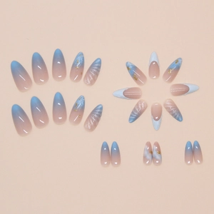 Ocean style press-on nails with shell 3D textures, blue pink gradient and gold foil accents