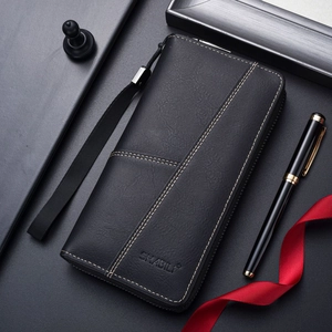 Men Long Wallet PU Leather Large Capacity Multi Card Slots Zipper Clutch Bag With Wrist Strap Retro Business Style