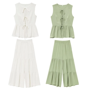 Women sleeveless tie-up top and layered wide-leg pants set in white and sage green