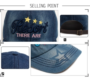 Detail view of denim baseball cap with leather strap and 3D embroidery textures