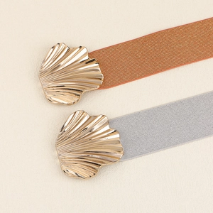 Detail von muschelförmigen Metallschnallen an elastischen Taillengürteln in Braun und Grau