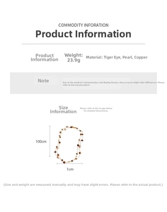 Detailed size chart showing 100cm length tiger eye stone and pearl necklace dimensions
