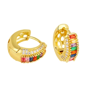 Rainbow cubic zirconia gold huggie earrings with geometric micro-pave and side cut-outs