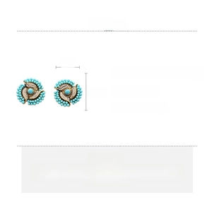 Detailed view of floral acrylic earrings with turquoise beads and sparkly rhinestones