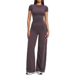 Women's mauve yoga set with slim-fit short sleeve T-shirt and high-waist wide-leg pants