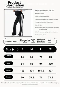 Detailed size chart for black maternity flare pants showing waist and hip measurements