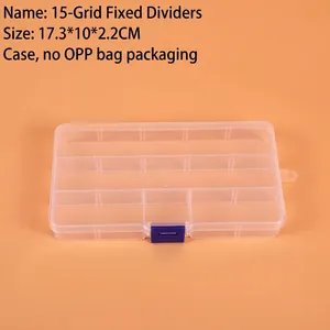 Detailed view of 15-compartment transparent plastic storage box with blue latches