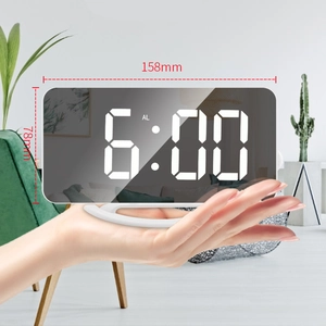 Modern digital LED mirror alarm clock with large white display and automatic brightness