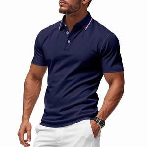 Close-up of navy blue polo shirt featuring red and white striped collar with three-button placket